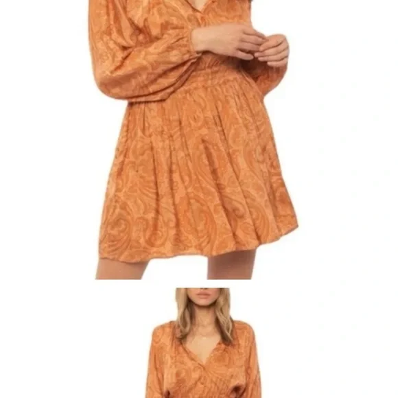 Amuse Society Orange Mini Sundress with gathered tied waist - Picture 3 of 9